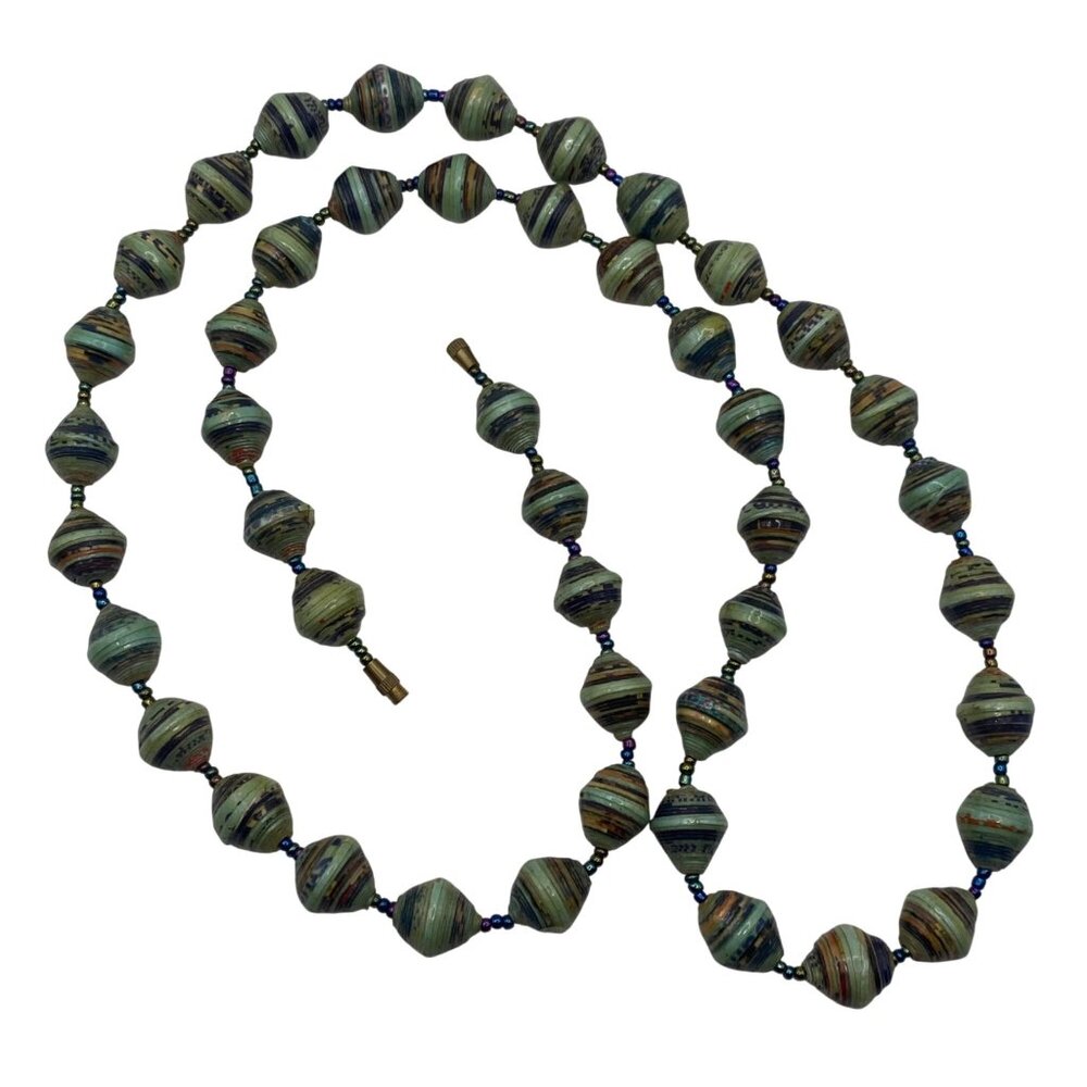 Vintage 34" Paper Glass Bead Necklace Barrel Closure Multicolor Striped Design - Picture 5 of 9